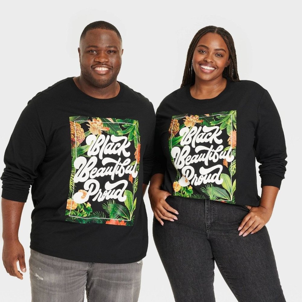 Black History Month Adult Plus Size Long Sleeve Round Neck T-Shirt - Black 1X - Picture 1 of 7